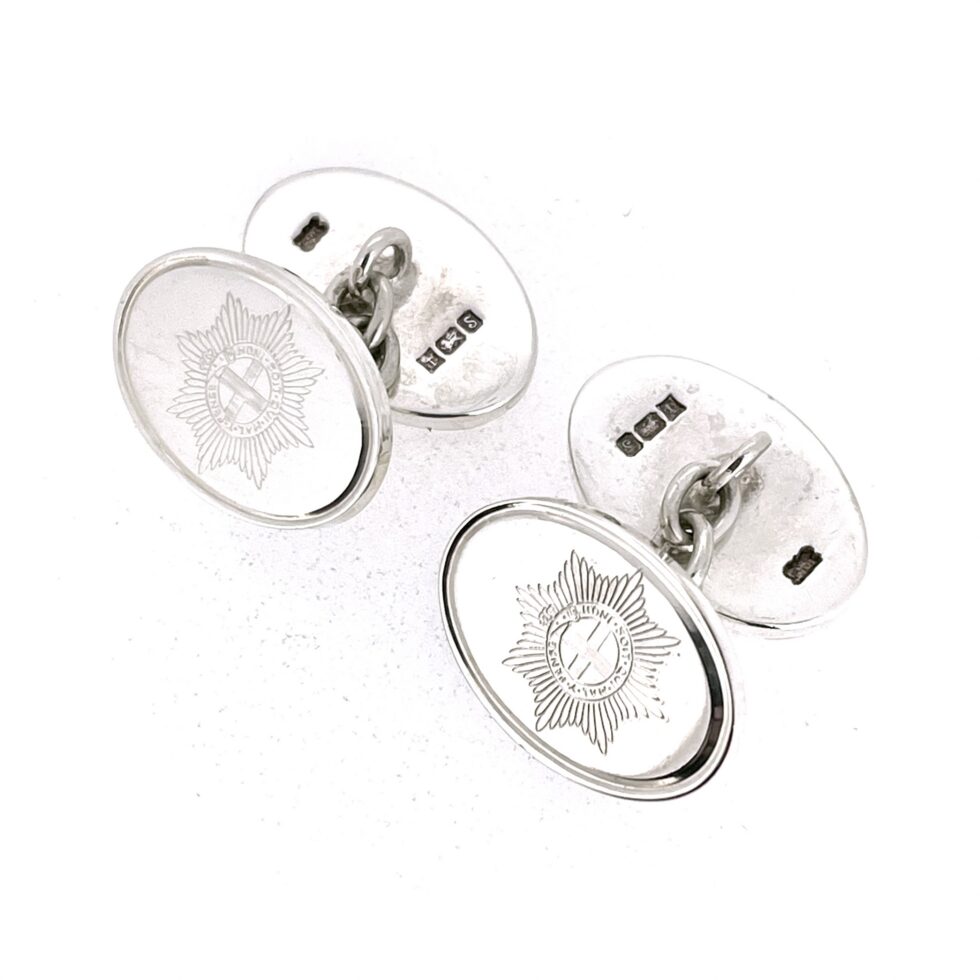 Mappin & Webb sterling silver and rose gold vermeil cufflinks engraved with the Order of the Garter motto