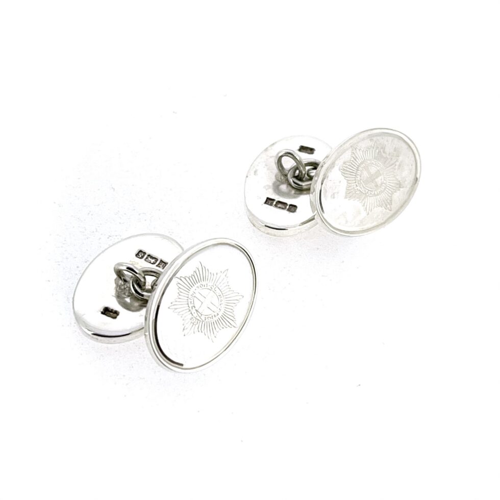 Oval sterling silver cufflinks with Order of the Garter engraving and rose gold vermeil reverse