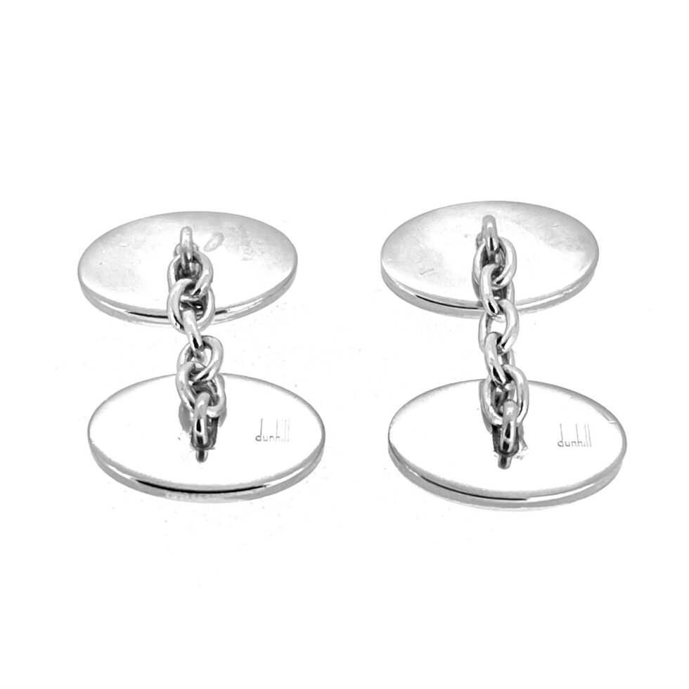 London hallmarked Alfred Dunhill cufflinks in sterling silver with elongated oval chains