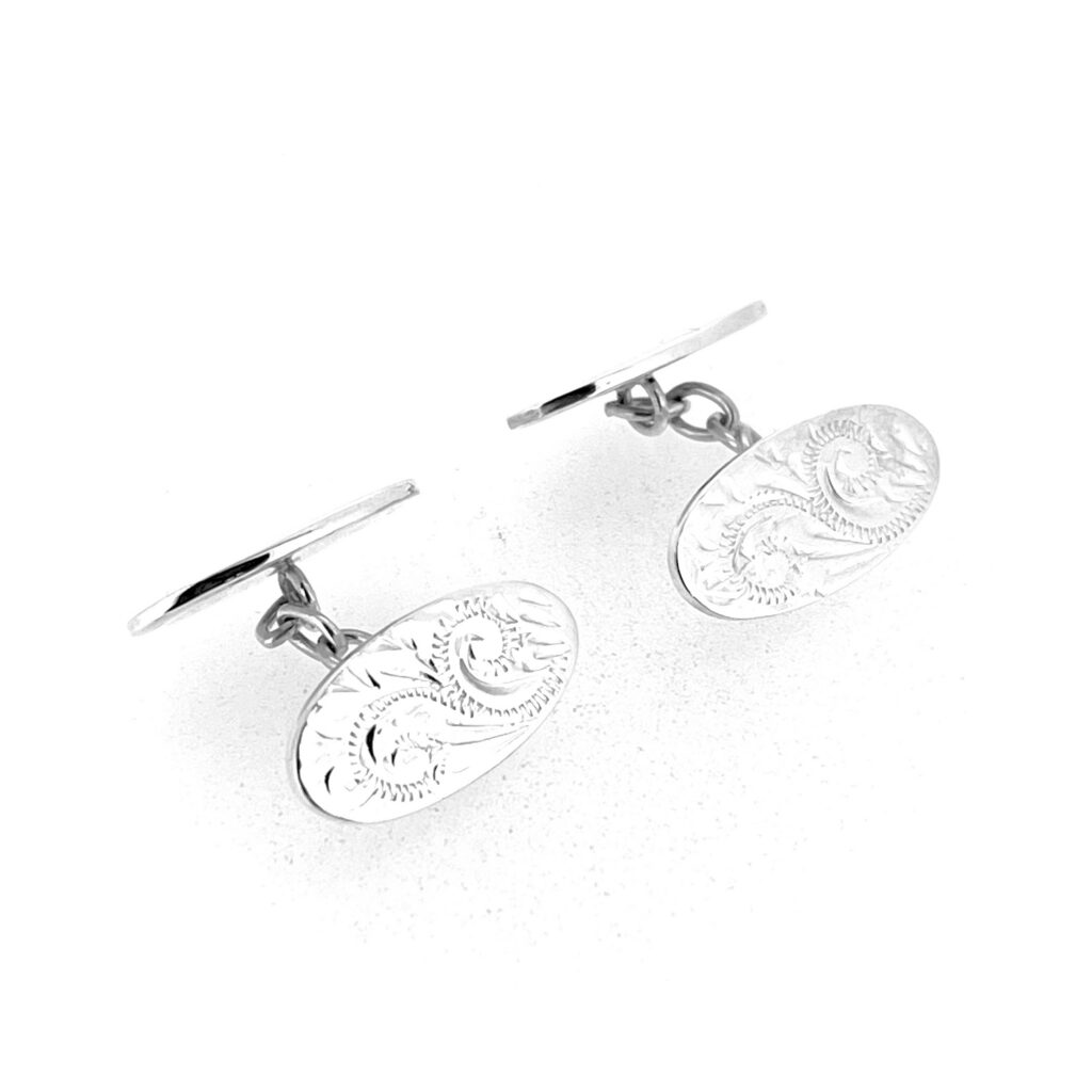 Traditional chain-link sterling silver cufflinks with Birmingham hallmarks and engraved detail