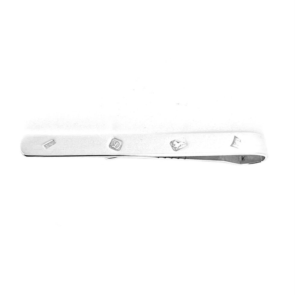 T and B maker’s mark sterling silver tie clip with front hallmarks