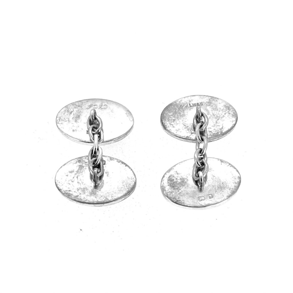 Reverse of Lawson Ward and Gammage sterling silver cufflinks showing chain links and hallmarks