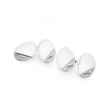 Mid-century Lawson Ward and Gammage cufflinks with polished ovals and decorative engraved borders