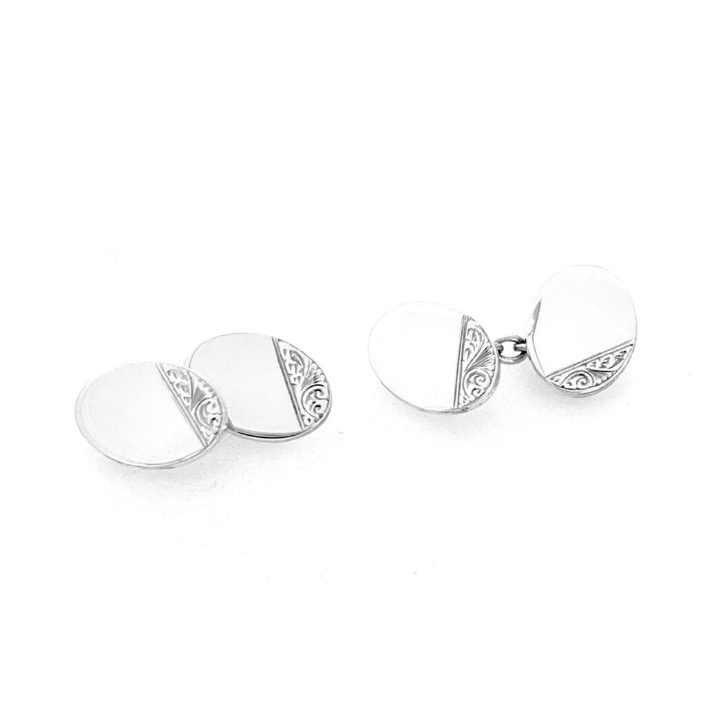 Vintage sterling silver oval cufflinks with engraved front detail and London hallmarks
