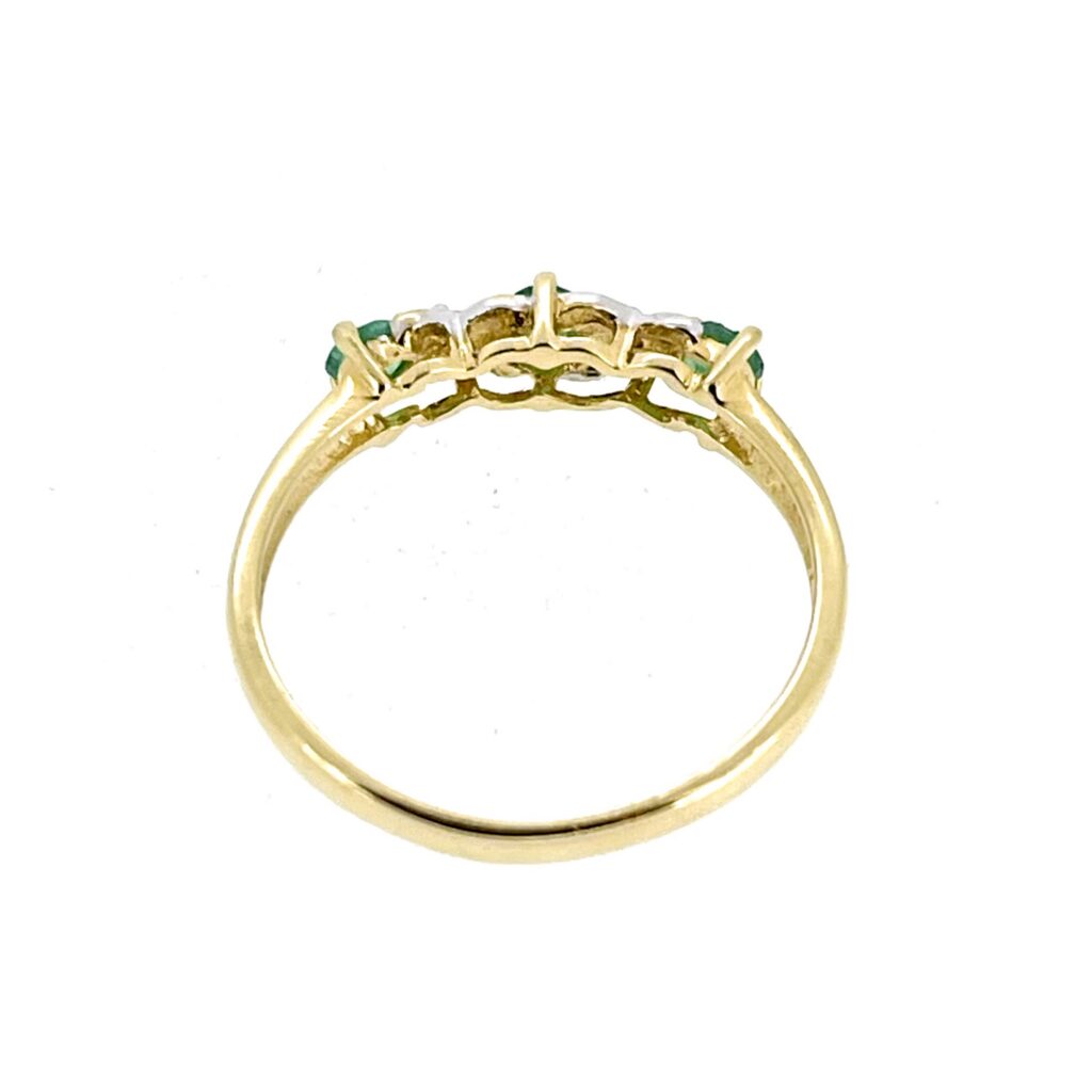 Restored vintage emerald and diamond ring in polished 9ct yellow gold, UK size L