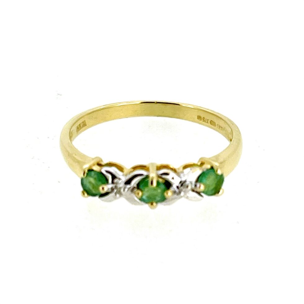 Gallery Abbeycrest emerald and diamond ring with yellow gold claw settings and white-metal accents