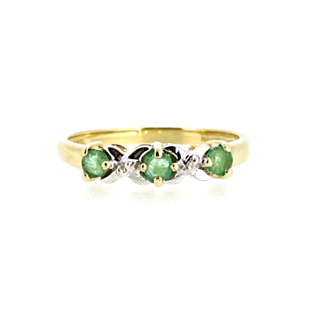 Vintage Gallery Abbeycrest 9ct yellow gold emerald and diamond five-stone ring, professionally restored
